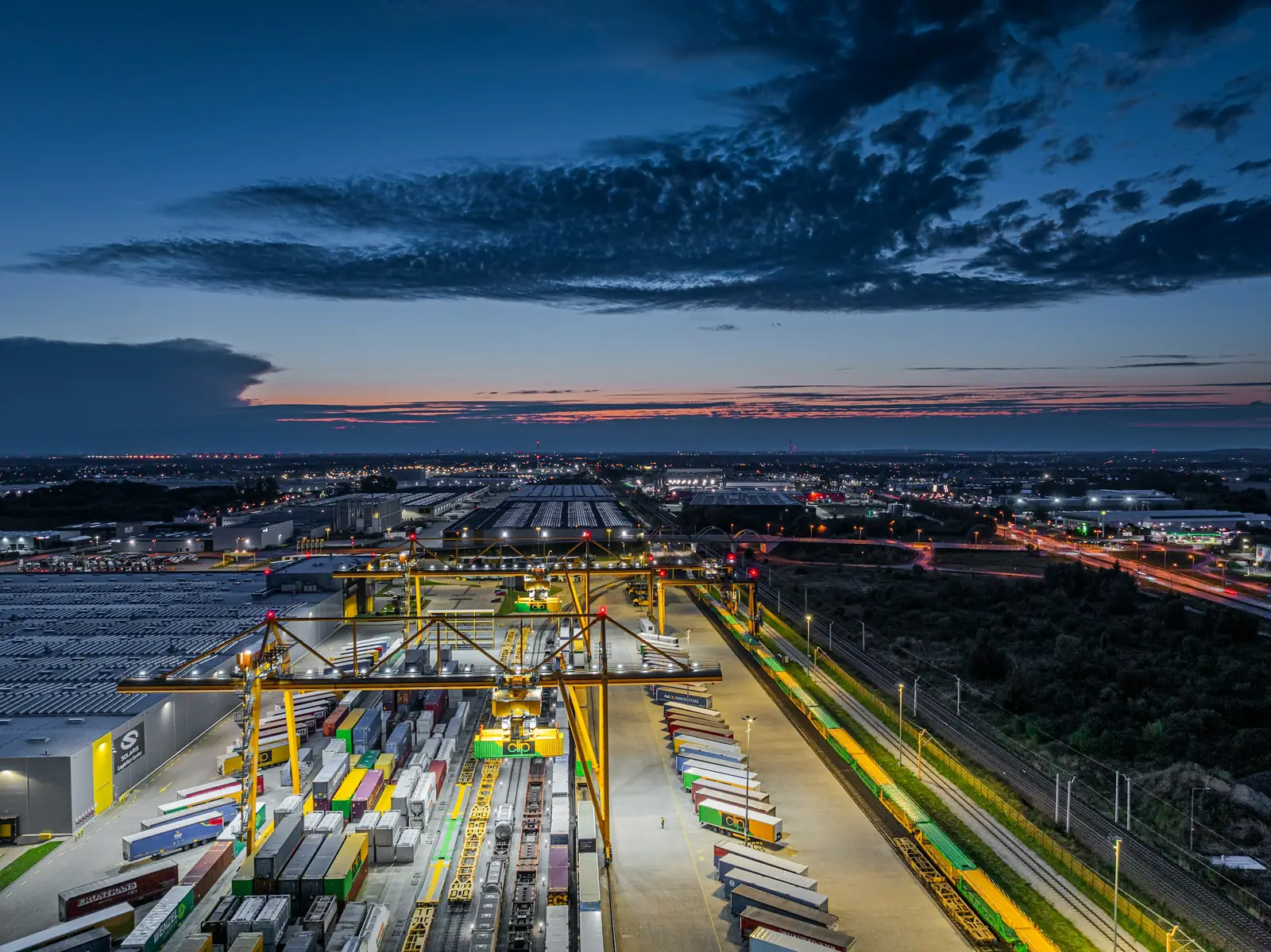 Container terminal at dusk